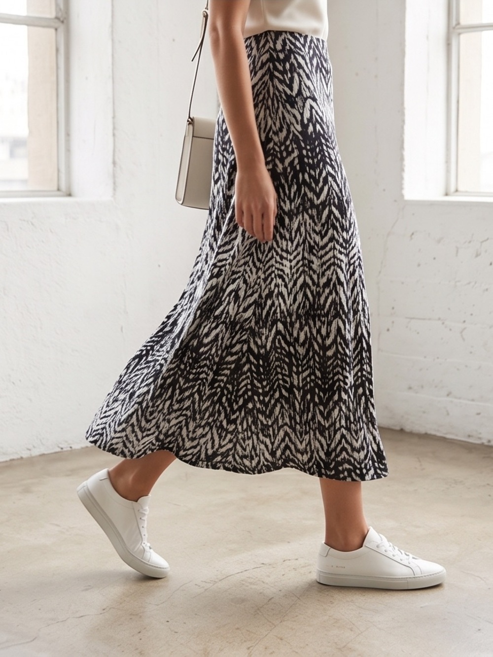 Black & White Patterned Midi Skirt